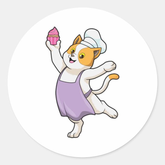 猫を調理師として料理エプロン&マフィン ラウンドシール (正面)