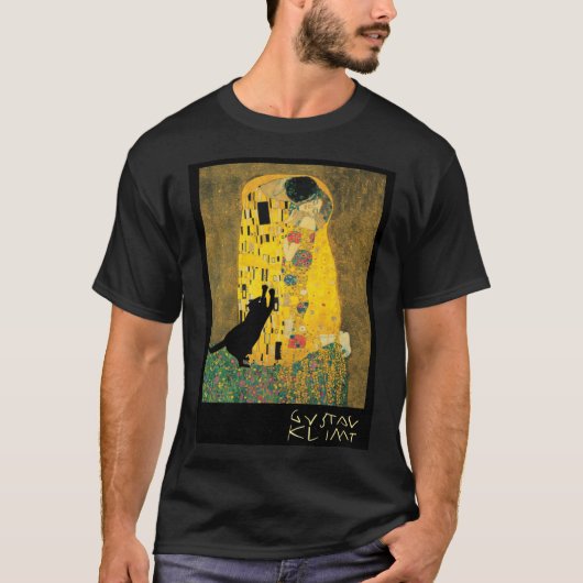 猫を追加した面白いレトロクリムトのキス Tシャツ (正面)