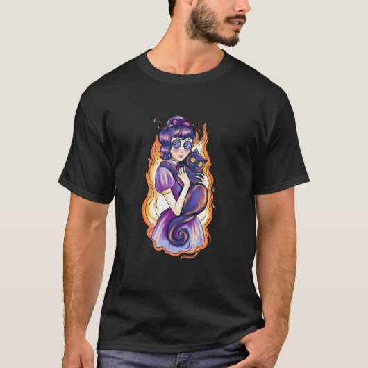 猫を連れた不気味な怖い女の子 Tシャツ (正面)