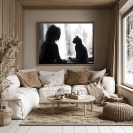 猫を雨の中に窓際に招いた熟考の女性 ポスター