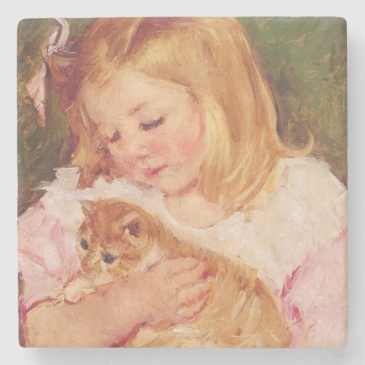 猫を飼っているサラ(by Mary Cassatt) ストーンコースター (正面)