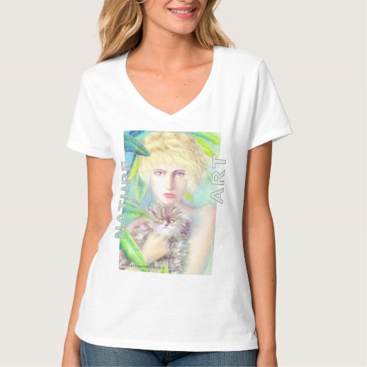 猫を飼っている女の子 Tシャツ (正面)