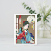 猫を飼っている女性、豊原邦親、浮世絵 ポストカード (スタンド正面)