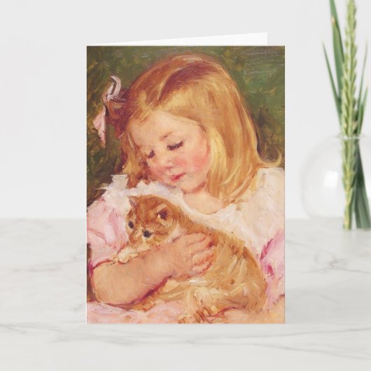 猫をc. 1908年のメリー握っているサラCassatt カード (正面)