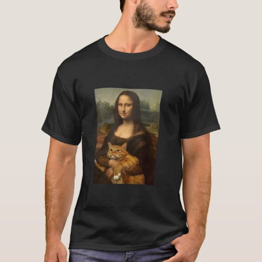 猫アートかわいい猫おもしろいの絵を持つモナリザ Tシャツ (正面)