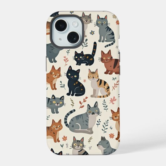 猫イラストレーション付き携帯電話ケース iPhone 15ケース (裏面)