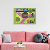 猫インサイドタウンスクエアかわいいフォークアート キャンバスプリント (インサイチュ (リビング))