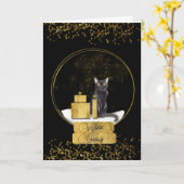 猫エレガントのクリスマスカードが入った金ゴールドのスノーグローブ カード (黄色い花)