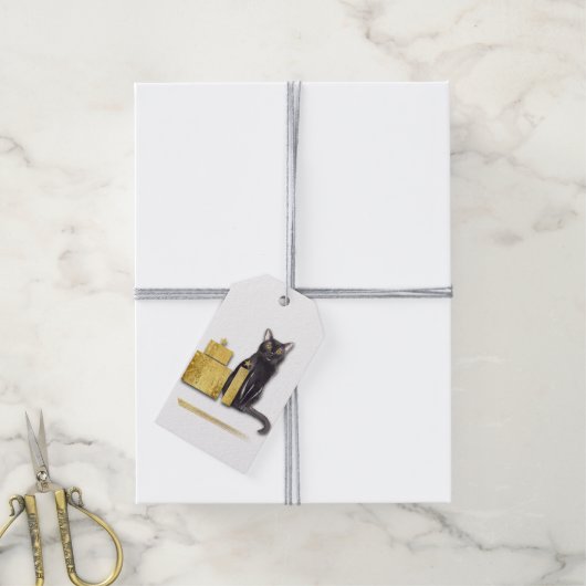 猫エレガントの金ゴールドプレゼントをもらった黒猫 ギフトタグ (より糸付き)