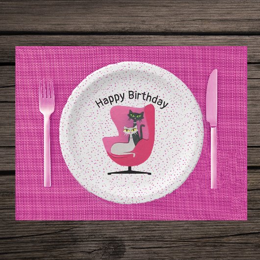 猫エレガントピンク椅子ドットミッドセンチュリーテーマ ペーパープレート