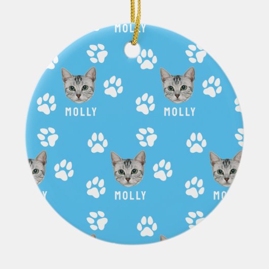 猫カスタマイズペットの写真と名前（青） セラミックオーナメント (正面)