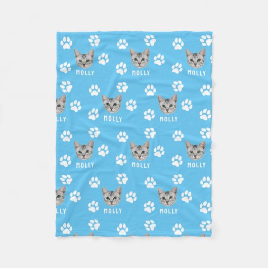 猫カスタマイズペットの写真と名前（青） フリースブランケット (正面)