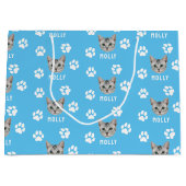 猫カスタマイズペットの写真と名前(青) ラージペーパーバッグ (正面)