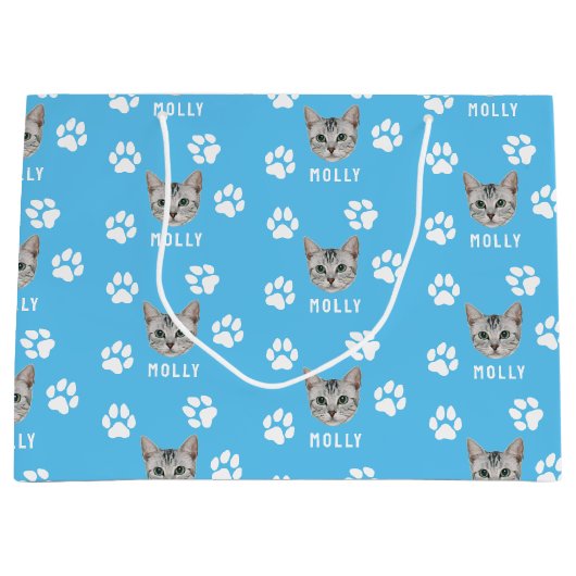 猫カスタマイズペットの写真と名前（青） ラージペーパーバッグ (正面)