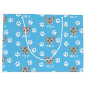 猫カスタマイズペットの写真と名前(青) ラージペーパーバッグ (裏面)