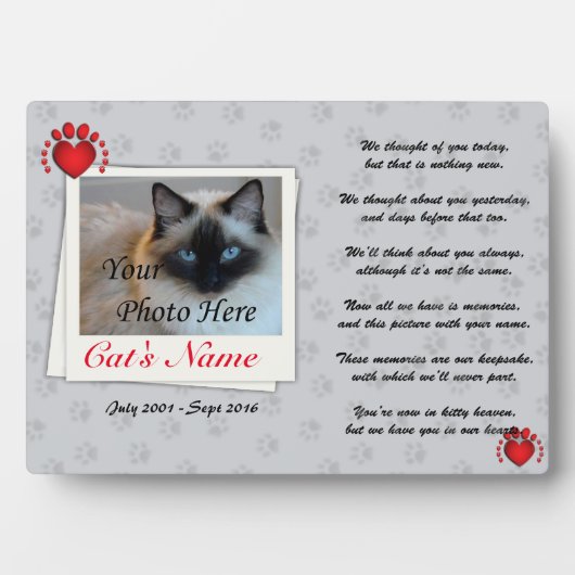 猫カスタムのペット写真と詩の記念碑 フォトプラーク (正面)