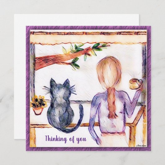 猫カスタムサンキューカード絵画の女の子の窓 (正面/裏面)