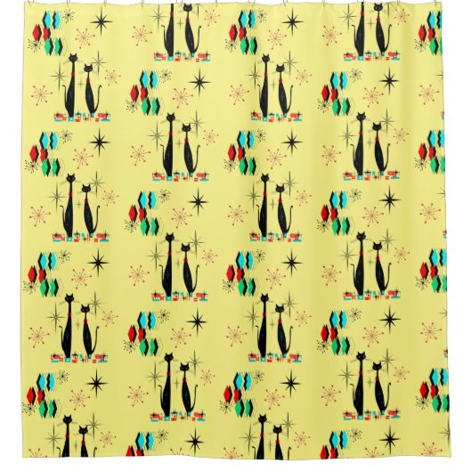 猫カッコいいミッドセンチュリーモダンアトミック時代シャワー シャワーカーテン (正面)