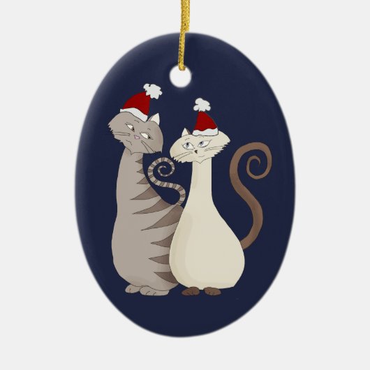 猫カップル ブルー セラミックオーナメント (正面)