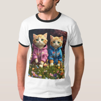 猫カップルinフード付:フローララブデザイン tシャツ