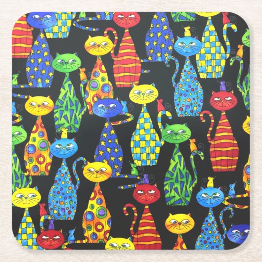 猫カラフルとネズミ スクエアペーパーコースター (正面)