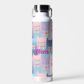 猫カラフルとピンクの弓、水色パーソナライズされた ウォーターボトル (正面)