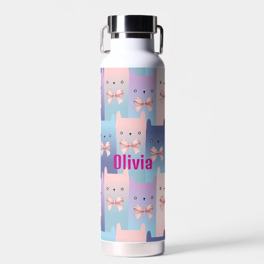 猫カラフルとピンクの弓、水色パーソナライズされた ウォーターボトル (正面)