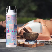 猫カラフルとピンクの弓、水色パーソナライズされた ウォーターボトル