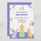 猫カラフルと犬のペットの赤ちゃん 招待状 (正面/裏面)