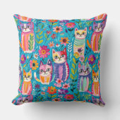 猫カラフルと花がお洒落幸せ クッション (正面)