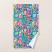 猫カラフルと花がお洒落幸せ バスタオルセット (ハンドタオル)