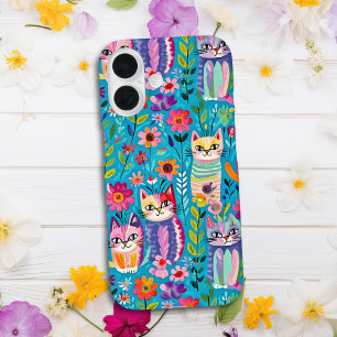 猫カラフルと花がお洒落幸せ iPhone 16ケース