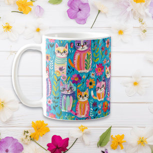 猫カラフルと花のお洒落誕生日 コーヒーマグカップ