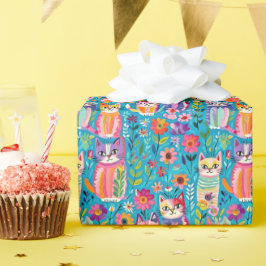 猫カラフルと花のお洒落誕生日 ラッピングペーパー