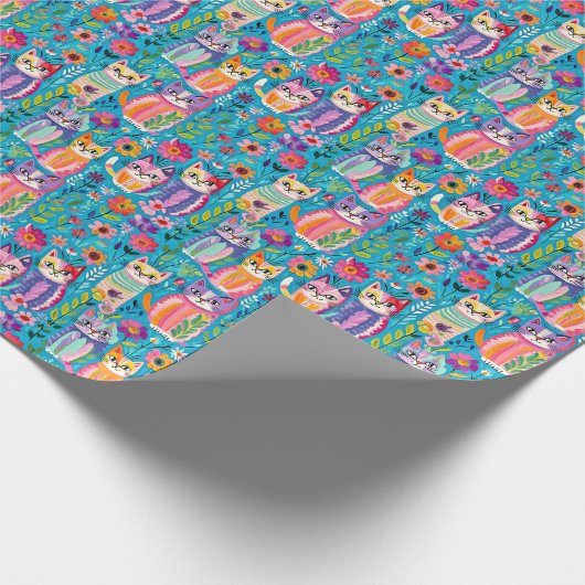 猫カラフルと花のお洒落誕生日 ラッピングペーパー (角)