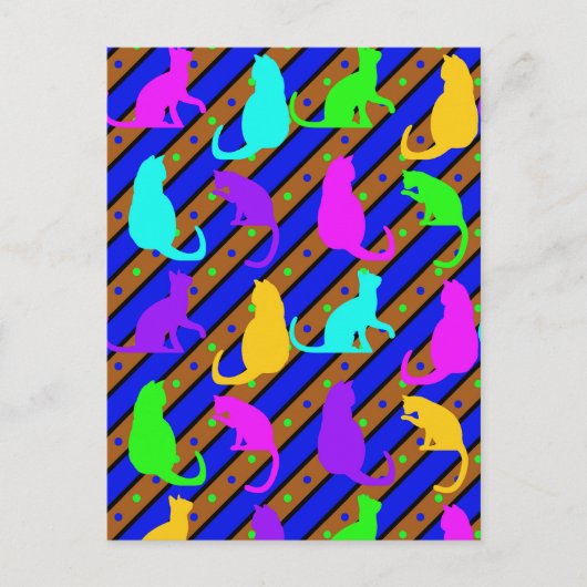 猫カラフルのストライプ水玉模様 ポストカード (正面)
