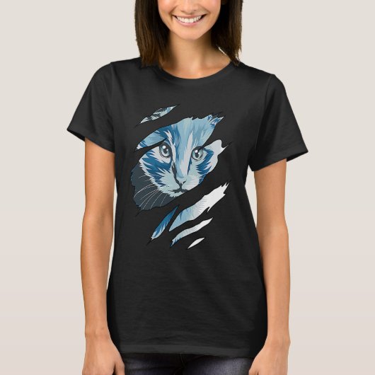 猫カラフルの破れた布 Tシャツ (正面)