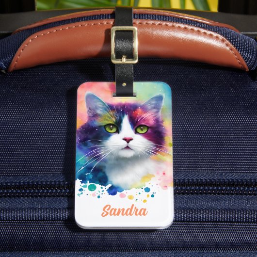 猫カラフルイラストレーション名前をカスタムする ラゲッジタグ (正面インサイチュ2)