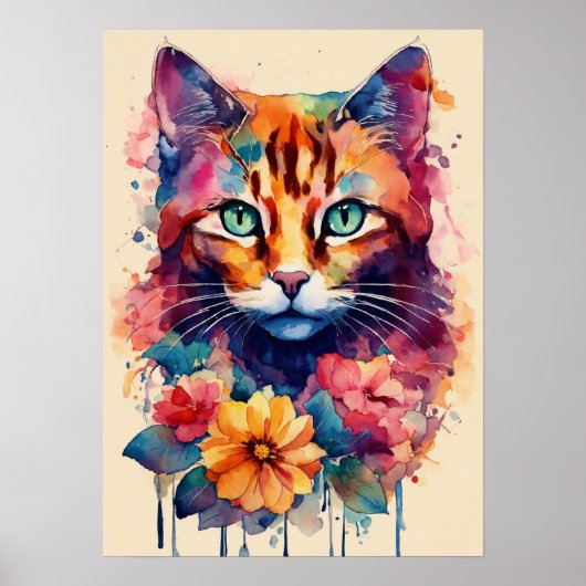 猫カラフルシルエット水彩画ポスター ポスター (正面)