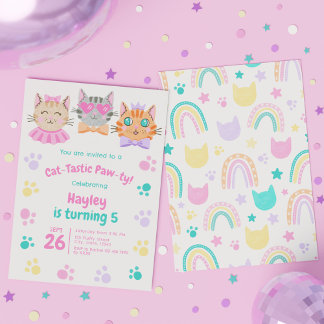 猫カラフルタステックなポーティかわいい子ネコ誕生日 招待状