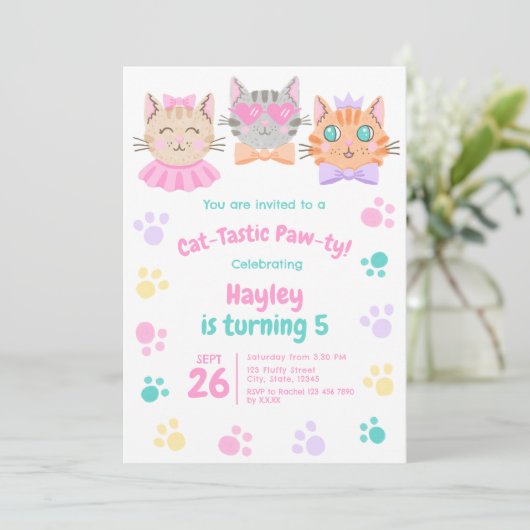 猫カラフルタステックなポーティかわいい子ネコ誕生日 招待状 (スタンド正面)