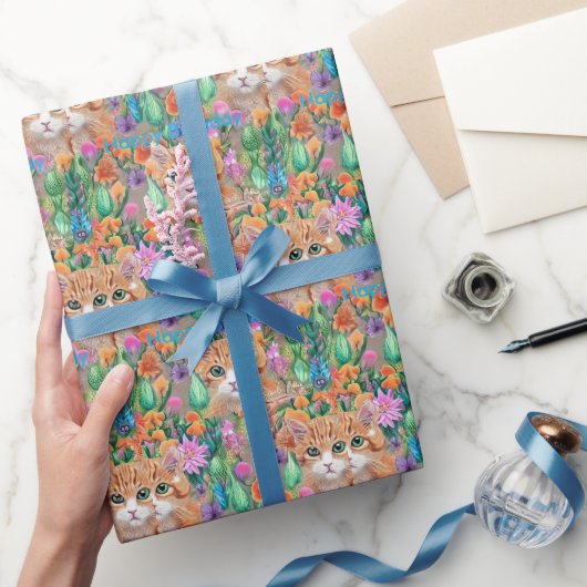 猫カラフルハッピーバースデー包装紙 ラッピングペーパー (ギフト)