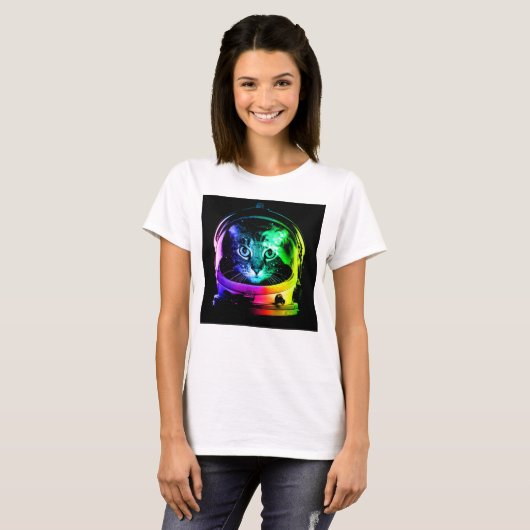 猫カラフル宇宙飛行士 Tシャツ (正面フル)