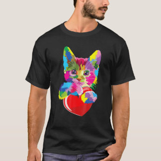 猫カラフル抱きハートバレンタインデー Tシャツ