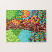 猫カラフル木ストライプのかわいいおもしろい漫画スケッチ ジグソーパズル (横)