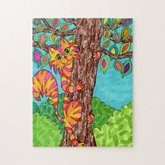 猫カラフル木ストライプのかわいいおもしろい漫画スケッチ ジグソーパズル (縦)