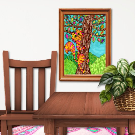 猫カラフル木ストライプのかわいいおもしろい漫画スケッチ ポスター