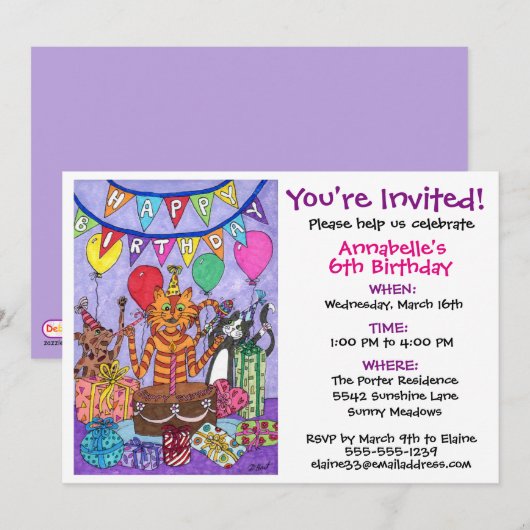 猫カラフル誕生会 招待状 (正面/裏面)