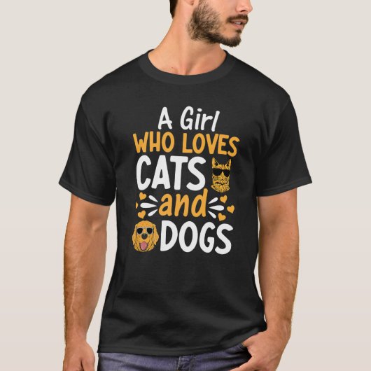 猫ガールズドッグ猫や犬が大好きな女の子 Tシャツ (正面)
