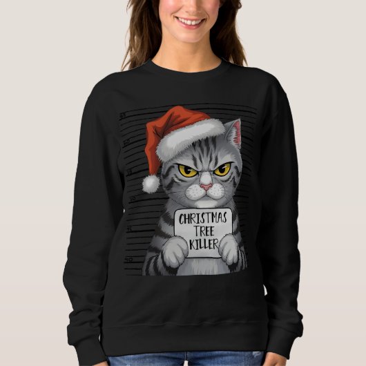 猫キラー・クリスマスツリーTシャツ 女性用 スウェットシャツ (正面)
